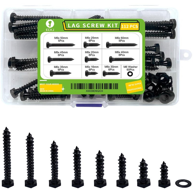 ECKJ Hex Lag Bolts 112PCS M6 Hex Head Lag Screws Washers Assortment Kit Fully Thread Heavy Duty Hexagon Wood Screw Zinc Plated Black Metric Length Include 16/20/25/30/35/40/45/50/60mm - Image 1
